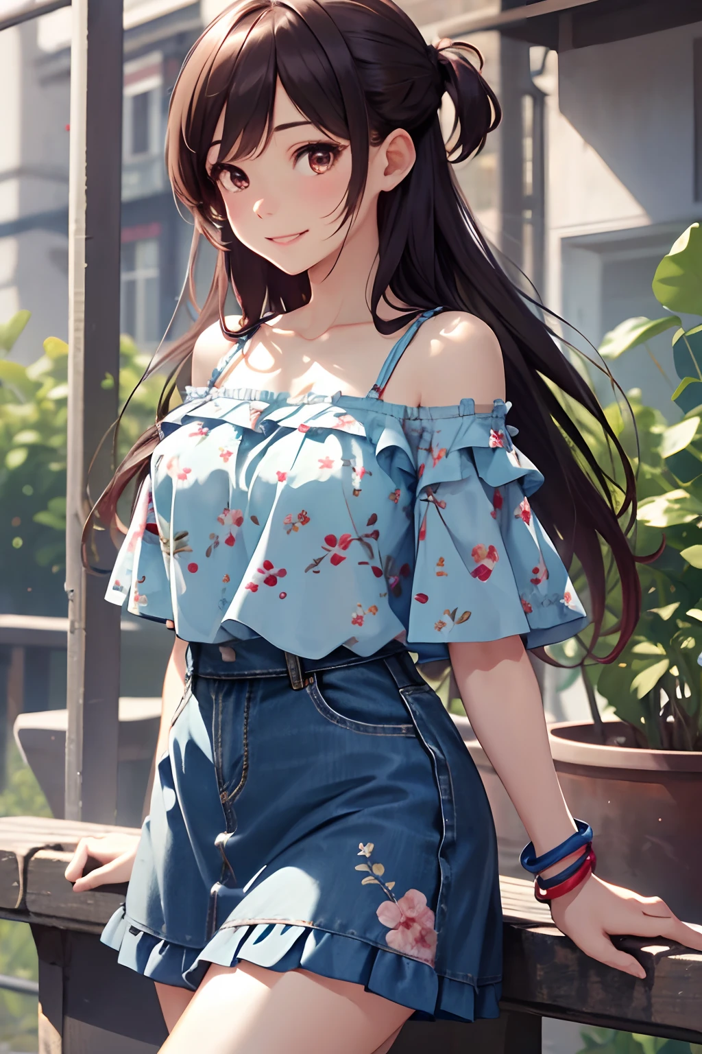 masterpiece, best quality, highres, chi1, 1girl, long hair, one side up, solo, bracelet, bangs, bare shoulders, blue shirt, floral print, short sleeves, off-shoulder shirt, frills, blue skirt, cowboy shot, smile,