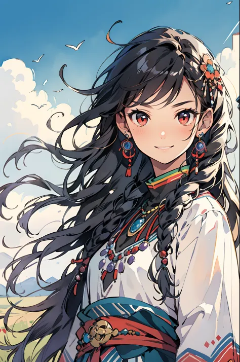 masterpiece,best quality, 1 girl, Tibetan,black hair, red eyes, Medium length hair, half real, earrings, rainbow,standing,platea...