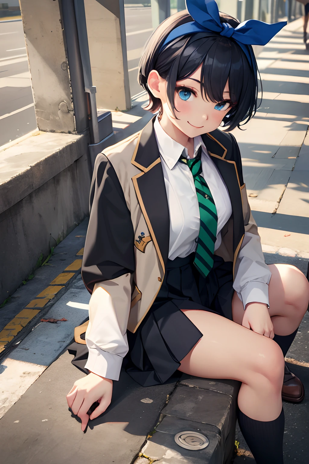 masterpiece, best quality, highres, 1girl, solo, skirt, jacket, shirt, blue eyes, white shirt, necktie, green necktie, black hair, pleated skirt, socks, diagonal-striped necktie, open jacket, open clothes, striped necktie, collared shirt, black jacket, black skirt, striped, blazer, short hair, long sleeves, bangs, school uniform, black socks, diagonal stripes, hairband, hair ribbon, ribbon, blue hairband, dress shirt, bow,  cowboy shot, smile,