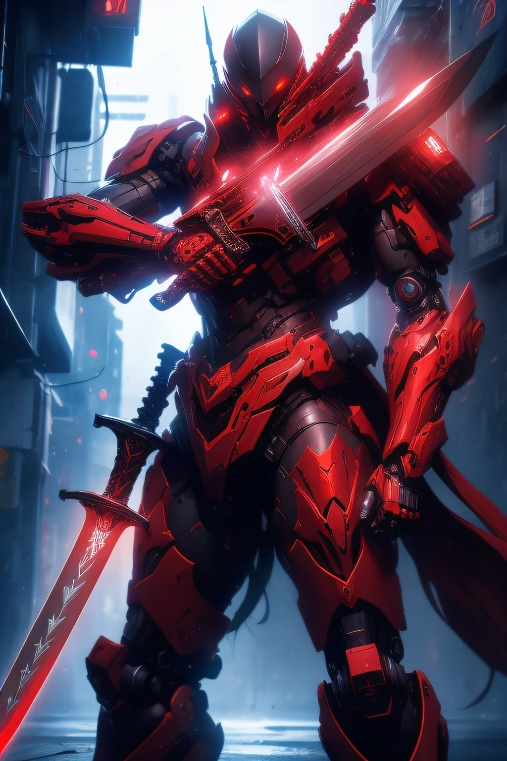 Raw foto,Dark_Fantasy, Cyberpunk, (Big Revolver, Sword Man, Red: 1.1), 1man, Mechanical Wonder, Robotic Presence, Cybernetic Guardian,