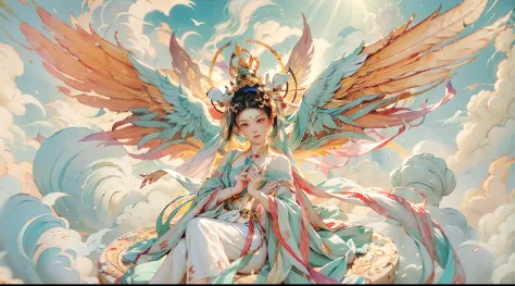 （beauty fairy）, （buddhism），（dunhuang）, （bodhisattva）, she flew in the air, colorful silk cloth flutters，clouds surround，（delicat...