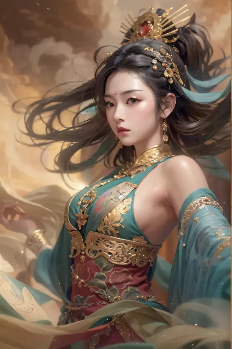 1girl, Dunhuang Flying Apsaras costume, messy long hair, Ji Jian, Dunhuang style, a lot of smoke, superb, elegant colors, (realistic, high detail, masterpiece, super detailed, dynamic angle, mural background, ink wash, amazing, movie lighting, illustration...