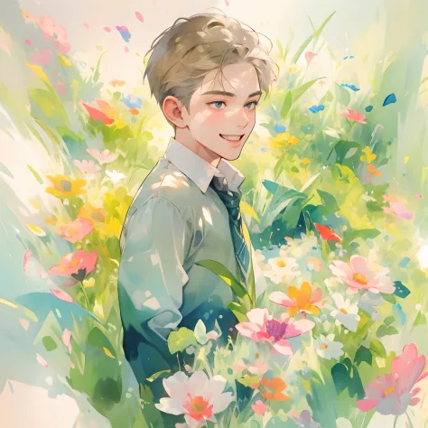 （best qualtiy，tmasterpiece，aquarelle，splash ink），1 portrait of a handsome and cute boy，sunny and cheerful，background petals drif...