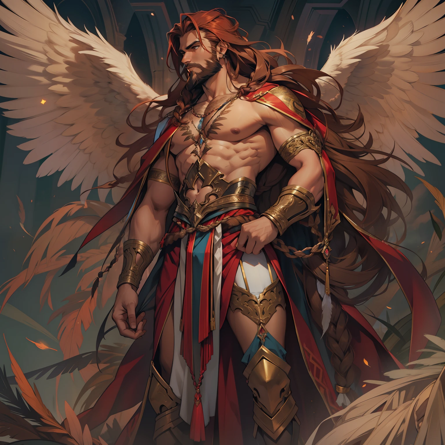 He is an Archangel. He has very long auburn hair that reaches the middle of his back, adorned with a few braids and decorated with feathers. He is extremely tall with a beard and dark brown eyes. He is known as a gentle giant. He is wearing Lingerie.