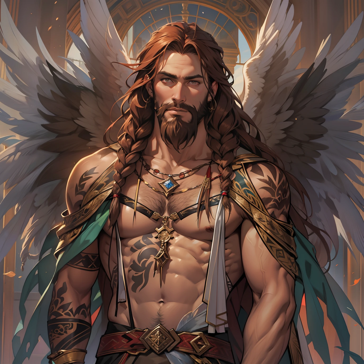 He is an Archangel. He has very long auburn hair that reaches the middle of his back, adorned with a few braids and decorated with feathers. He is extremely tall with a beard and dark brown eyes. He is known as a gentle giant. He is wearing women's Lingerie.