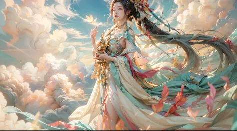 （beauty fairy）, （buddhism），（dunhuang）, （bodhisattva）, she flew in the air, colorful silk cloth flutters，clouds surround，（delicat...