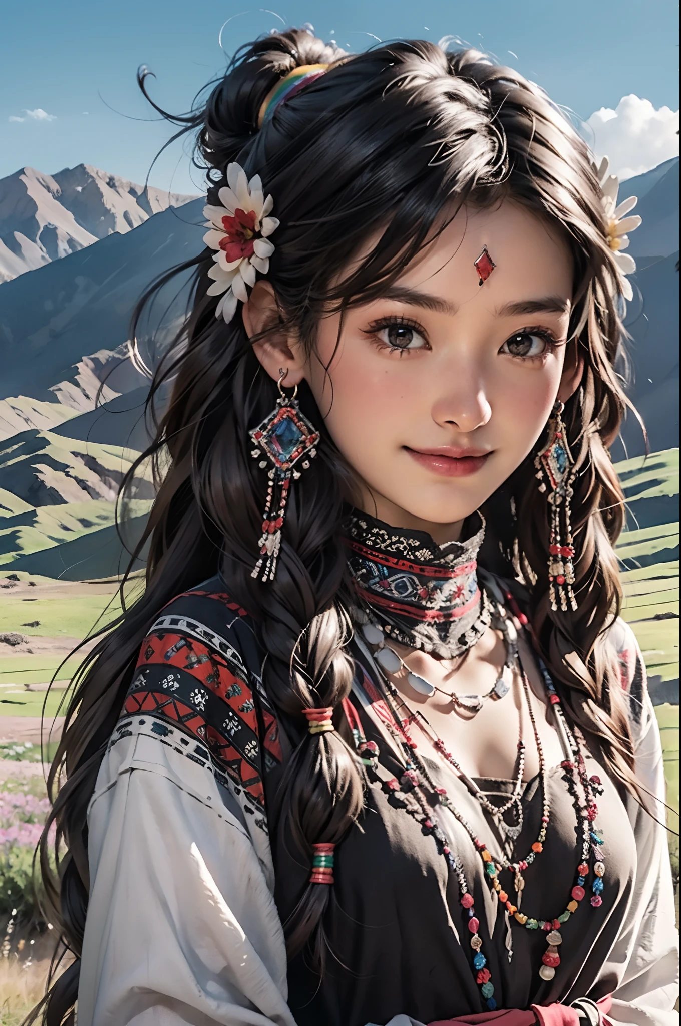 masterpiece,best quality, 1 girl, Tibetan,black hair, red eyes, Medium length hair, earrings, rainbow,standing,plateau,blue sky,grassland,extreme detailed,torogao,smile,head gear,plateau,