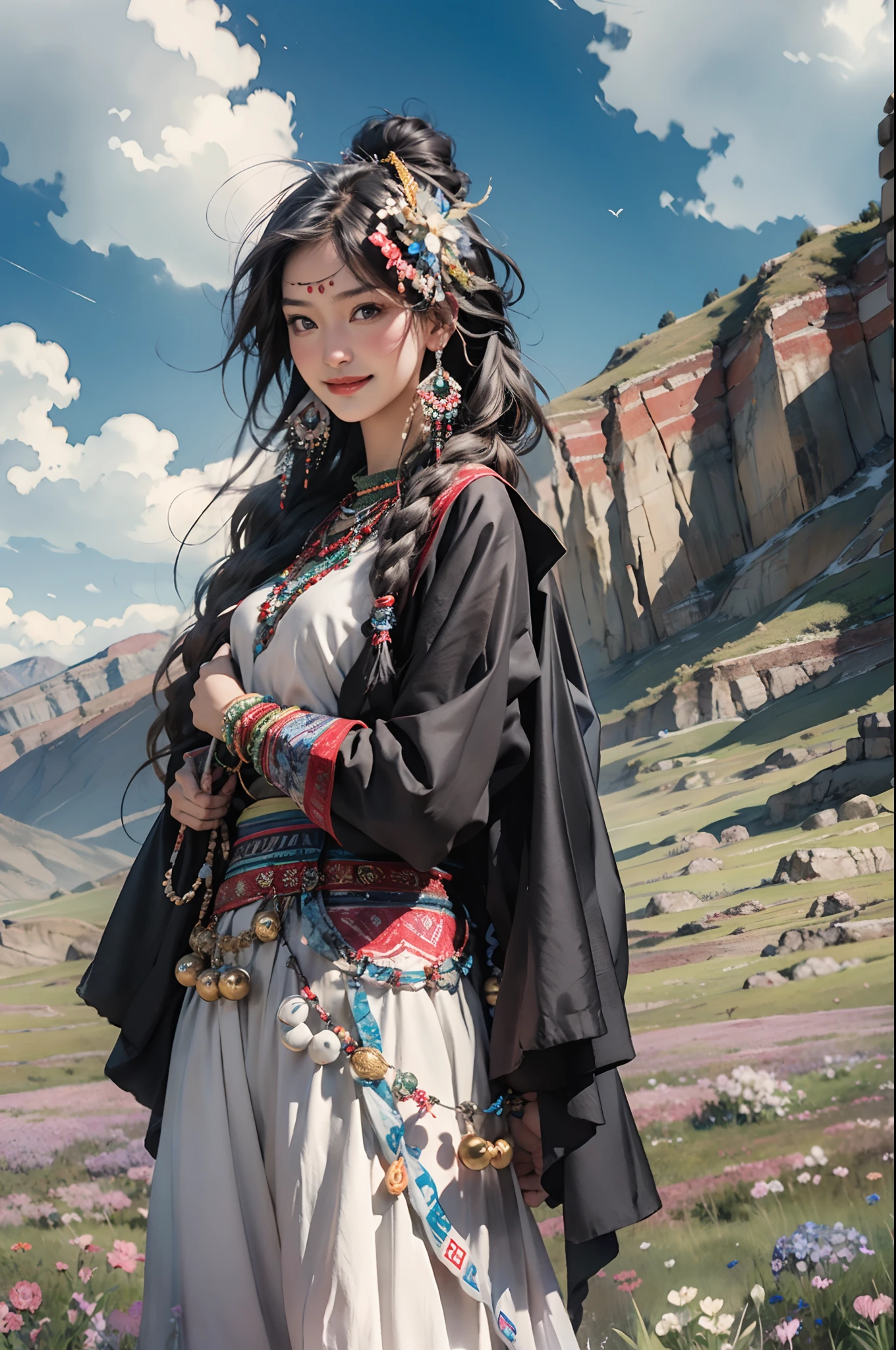 masterpiece,best quality, 1 girl, Tibetan,black hair, red eyes, Medium length hair, earrings, rainbow,standing,plateau,blue sky,grassland,extreme detailed,torogao,smile,head gear,plateau,