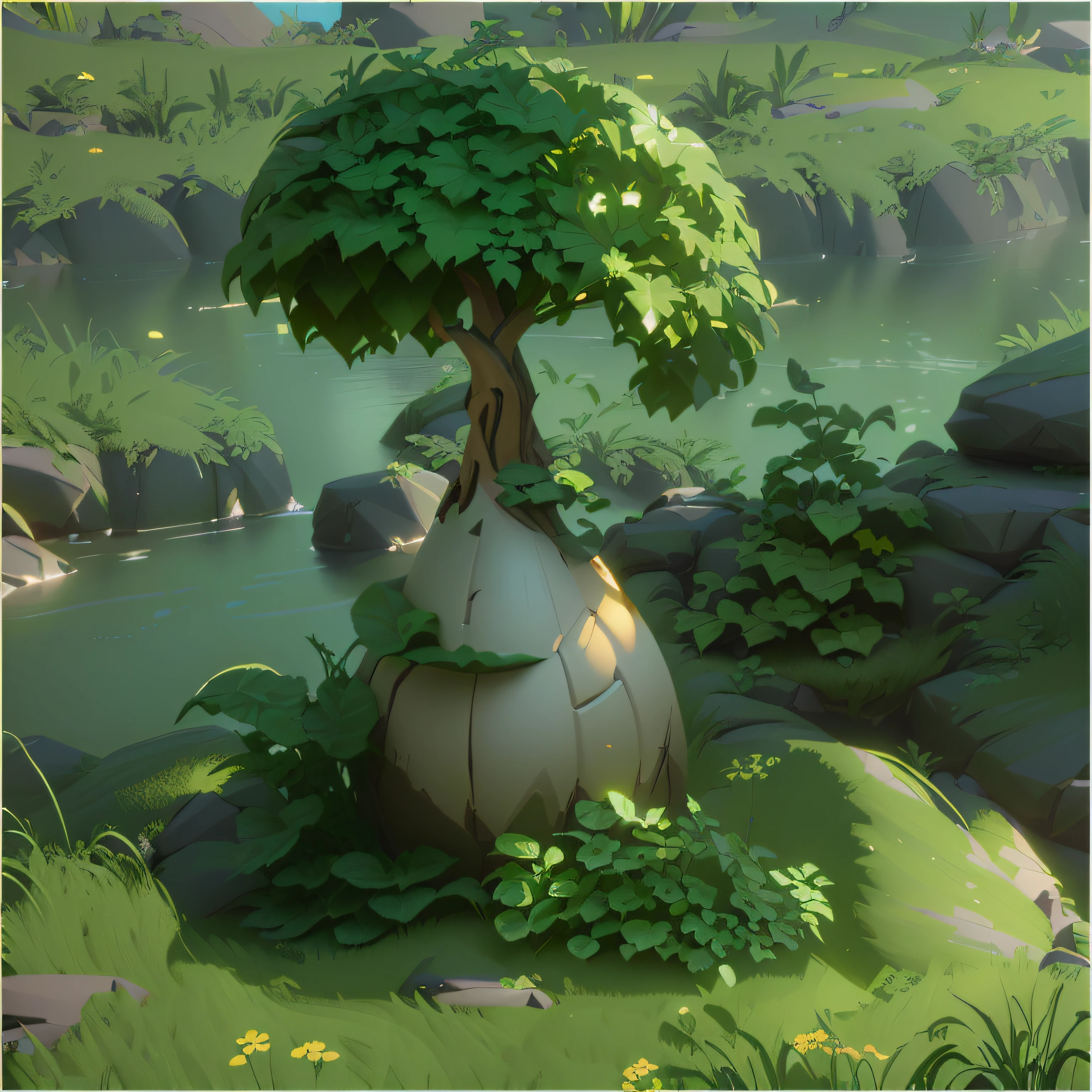 A small tree grows out of a vase, 3 d render stylized, stylized vegetation, Stylized concept art, stylized 3d render, stylized as a 3d render, Stylized game art, stylized pbr, stylised painting, game asset of plant and tree, Stylized 3 D, environmentart, environment artist