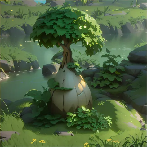 a small tree grows out of a vase, 3 d render stylized, stylized vegetation, stylized concept art, stylized 3d render, stylized a...