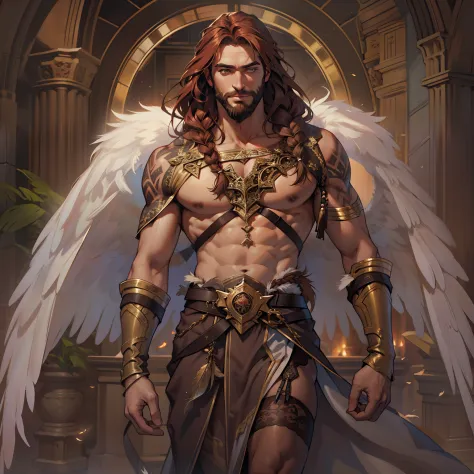 He is an Archangel. He has very long auburn hair that reaches the middle of his back, adorned with a few braids and decorated wi...