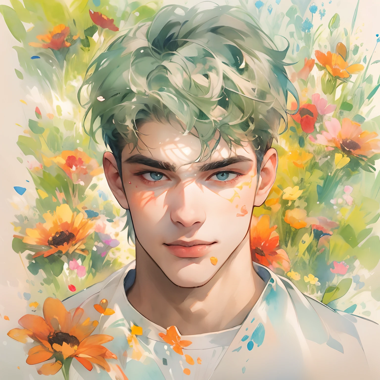 （best qualtiy，tmasterpiece，aquarelle，Splash ink），1 Portrait of a handsome man，20yr old，Sunny and cheerful，Background Petals drifting