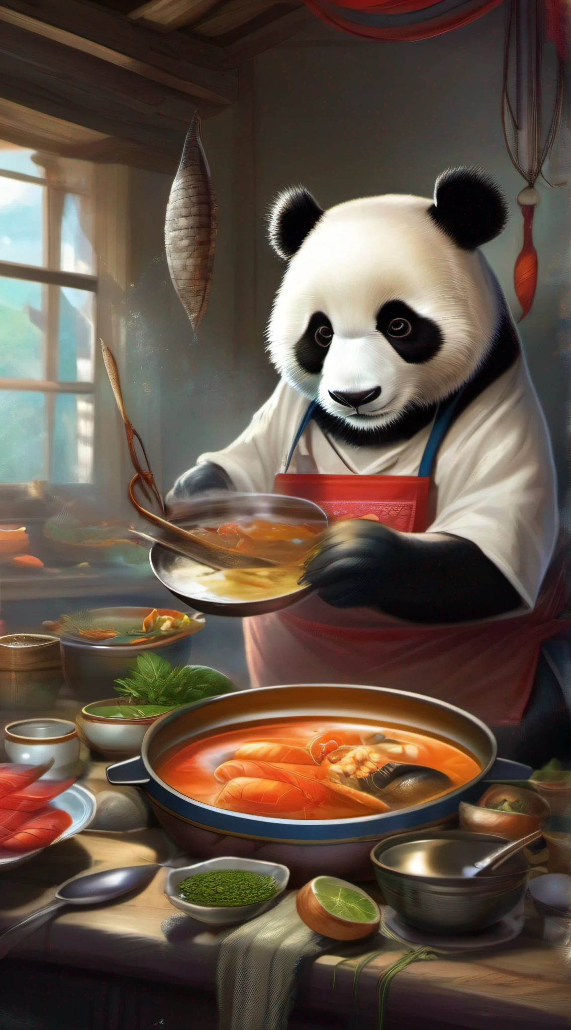 Panda bear in a kitchen with a bowl of soup and a plate of food - SeaArt AI