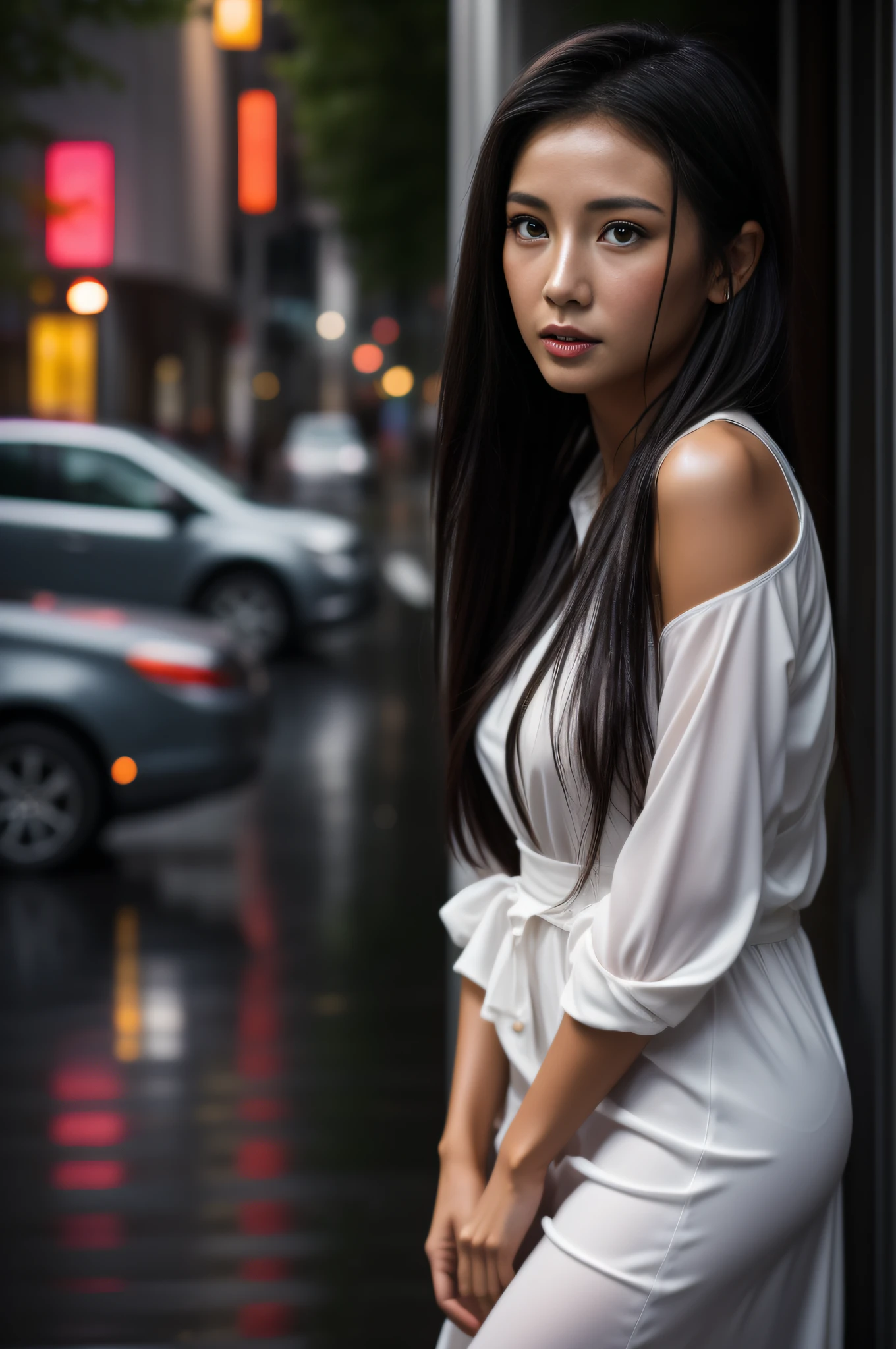 Photorealistic photography, Photorealistic shooting, Photographic realism, Realism,Very realistic skin tone, Cinematic lenses, realistic sense, Full of presence, A girl, Beautiful Asian mixed-race beauty,Sexy dress to hide from the rain on the streets where it suddenly rains heavily, She was drenched,The expression is embarrassed