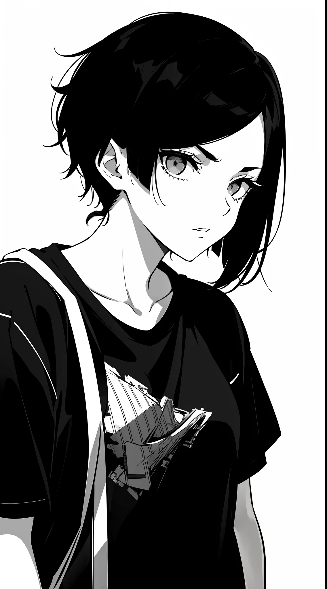 girl, side portrait, black and white, messy short hair, edgy accessories,sporty style, casual t-shirt, confident gaze, monochrome color scheme, looking to the side, chic street fashion, casual hands in pockets pose,head,((a person)),Hairpin