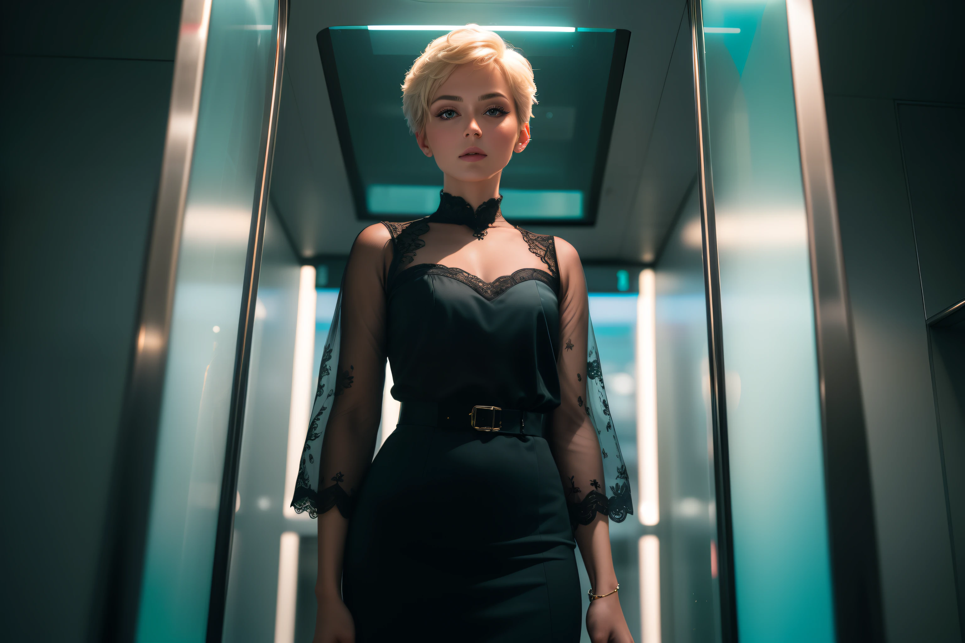 Photorealistic, Photography, RAW photo, in a panoramic view，30-year-old woman with short hair and elegant standing alone in a fully transparent glass sightseeing elevator，Look in the direction of the lens outside the window，When the elevator climbs，The color of the neon lights is constantly changing on the glass，The elevator next door is descending。 (high resolution), (Photorealistic:1.4), (extremly intricate), (exquisite and meticulous), Highly detailed, A high resolution, Original, Extremely detailed 8k wallpaper, Best quality, Detailed face, Ultra-detailed,