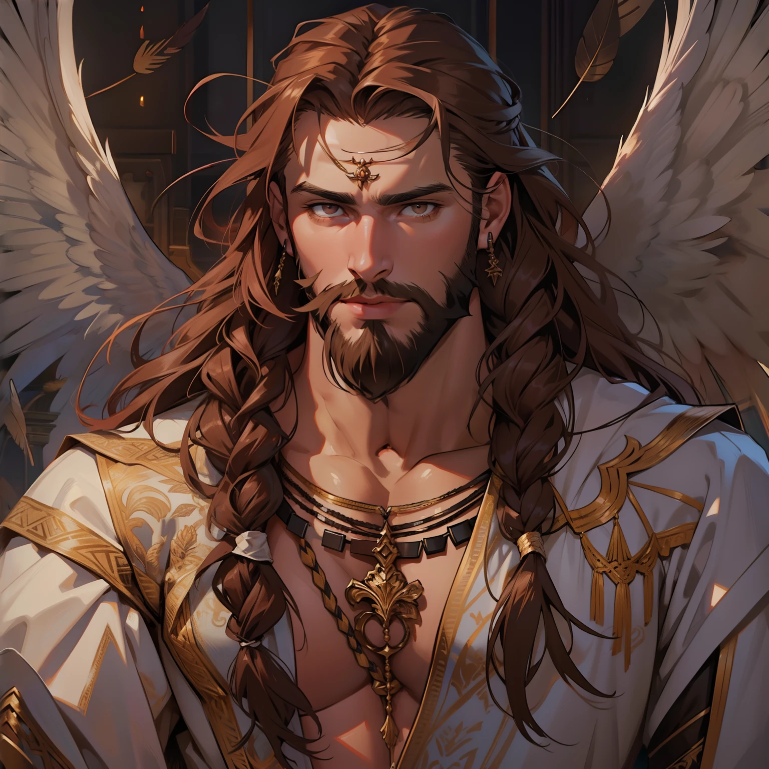 He is an Archangel. He has very long auburn hair that reaches the middle of his back, adorned with a few braids and decorated with feathers. He is extremely tall with a beard and dark brown eyes. He is known as a gentle giant. He is wearing Lingerie.