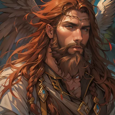 he is an archangel. he has very long auburn hair that reaches the middle of his back, adorned with a few braids and decorated wi...