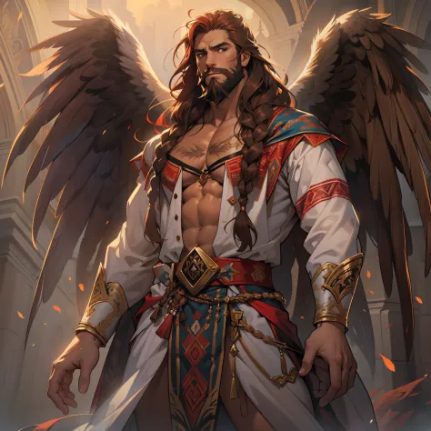 He is an Archangel. He has very long auburn hair that reaches the middle of his back, adorned with a few braids and decorated wi...
