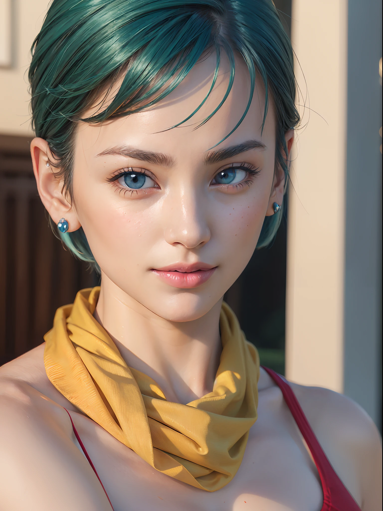 (masterpiece, best quality:1.4), (close up:1.5), 1girl, solo, looking at viewer, beautifull smile, (european youth:1), dragon ball, blmshort, (aqua hair:1.3), very short hair, earrings, jewelry, (red dress), medium breasts, yellow scarf, (yellow scarf:1), short dress, sleeveless, medium breasts, solo, beautiful face, highly detailed face, highly detailed skin, highly detailed eyes, skin pores, subsurface scattering, realistic pupils, medium breast, full face blush, full lips, detailed background, depth of field, volumetric lighting, sharp focus, absurdres, realistic proportions, good anatomy, (realistic, hyperrealistic:1.4), 16k hdr,