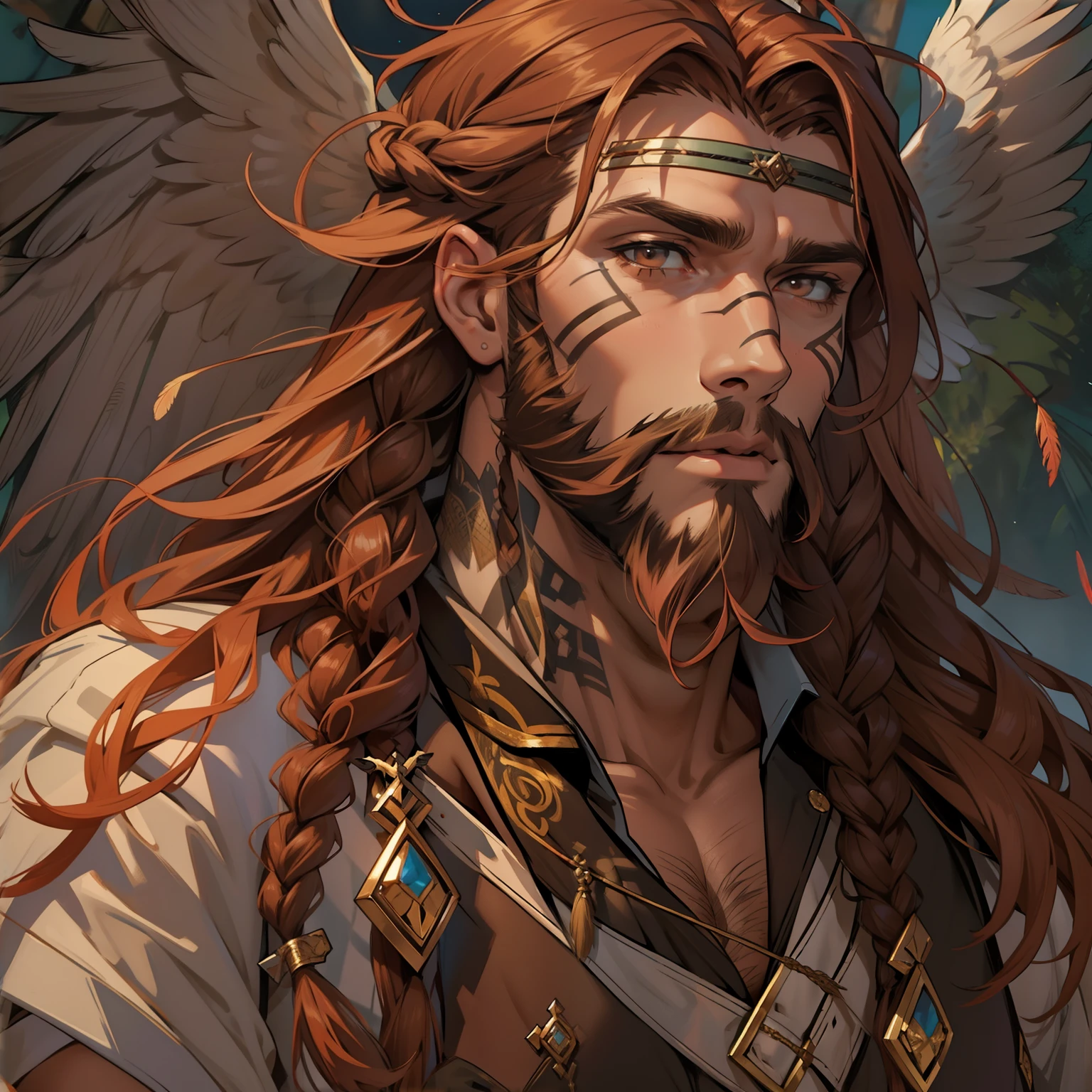 He is an Archangel. He has very long auburn hair that reaches the middle of his back, adorned with a few braids and decorated with feathers. He is extremely tall with a beard and dark brown eyes. He is known as a gentle giant. He is wearing panties and bra.