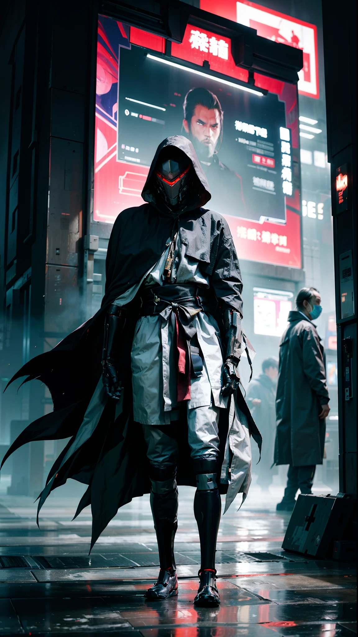 cyberfusion,Cyborg robot assassin Shinsengumi Haori portant une cape de robes,sécurité d&#39;entreprise d&#39;élite, quartier commerçant cyberpunk