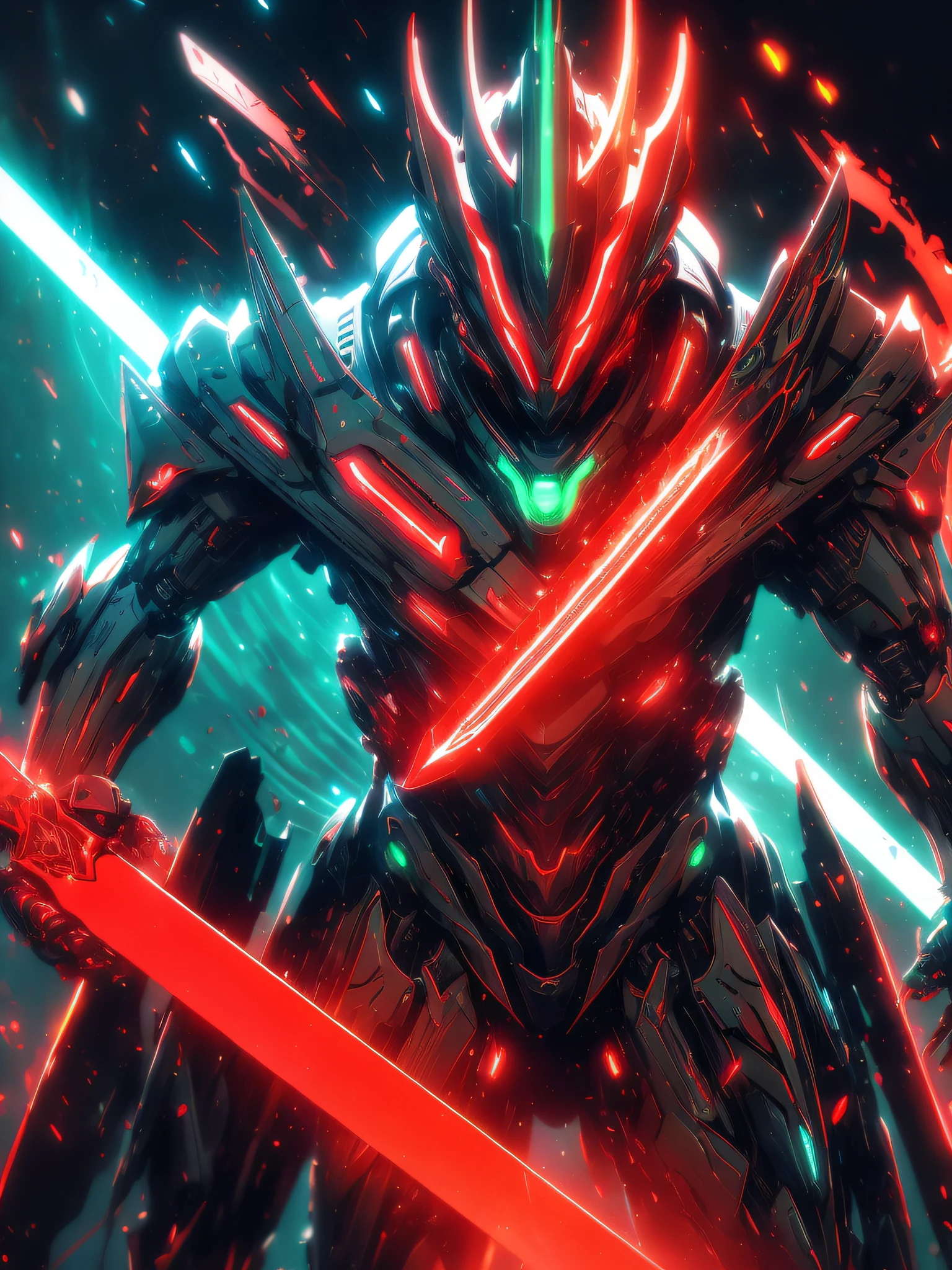 masterpiece, best quality, realistic,shiny,reflective,bioluminic, galactic cybernetic mask,galactic red-green mecha,(assassin:1.2), Robotic Knight, killing warrior pose, headdress,holding glowing red long sword,Galaxy,GlowingRunes_red,fullbody,cinemnatic,dark background,backlight,high contrast,