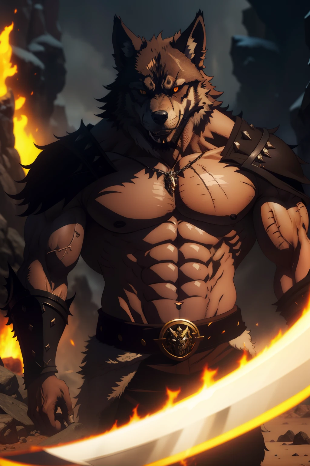 Wolf orcs，Wolf body，with a determined look in his eyes，Strong body，Strong figure，Hold the sword in front of your chest，Gentle face