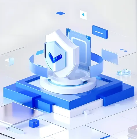 There is a white and blue object，There is a shield on it, cyber security polygon, Isometric style, 3d isometric, isometric design, 3 d isometric, blockchain vault, isometry, isometric 3 d, Isometric 3D, Cyber architecture, isometric 8k, A shield, sheild, p...