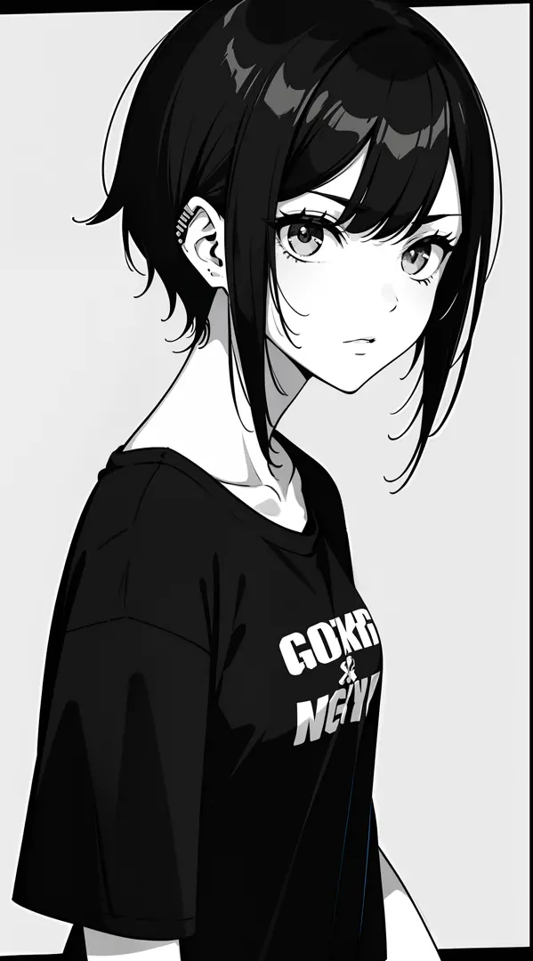 girl, side portrait, black and white, messy short hair, edgy accessories,sporty style, casual t-shirt, confident gaze, monochrome color scheme, looking to the side, chic street fashion, casual hands in pockets pose,head,((a person)),Hairpin