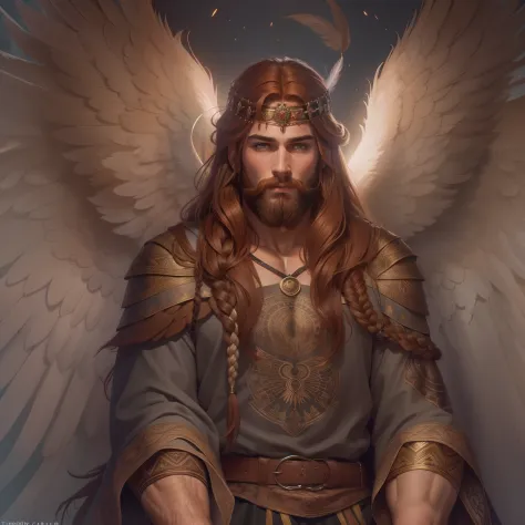 He is an Archangel. He has very long auburn hair that reaches the middle of his back, adorned with a few braids and decorated with feathers. He is extremely tall with a beard and dark brown eyes. He is known as a gentle giant. He is wearing panties and bra...