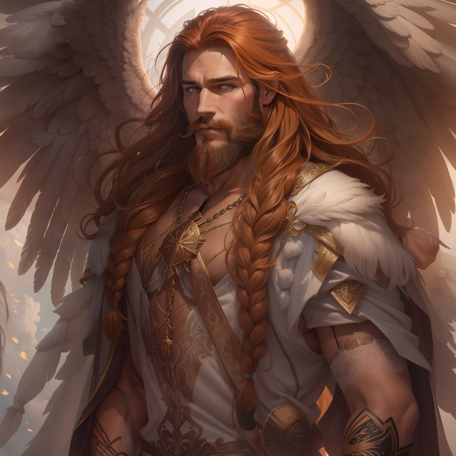 He is an Archangel. He has very long auburn hair that reaches the middle of his back, adorned with a few braids and decorated with feathers. He is extremely tall with a beard and dark brown eyes. He is known as a gentle giant. Wearing Lingerie