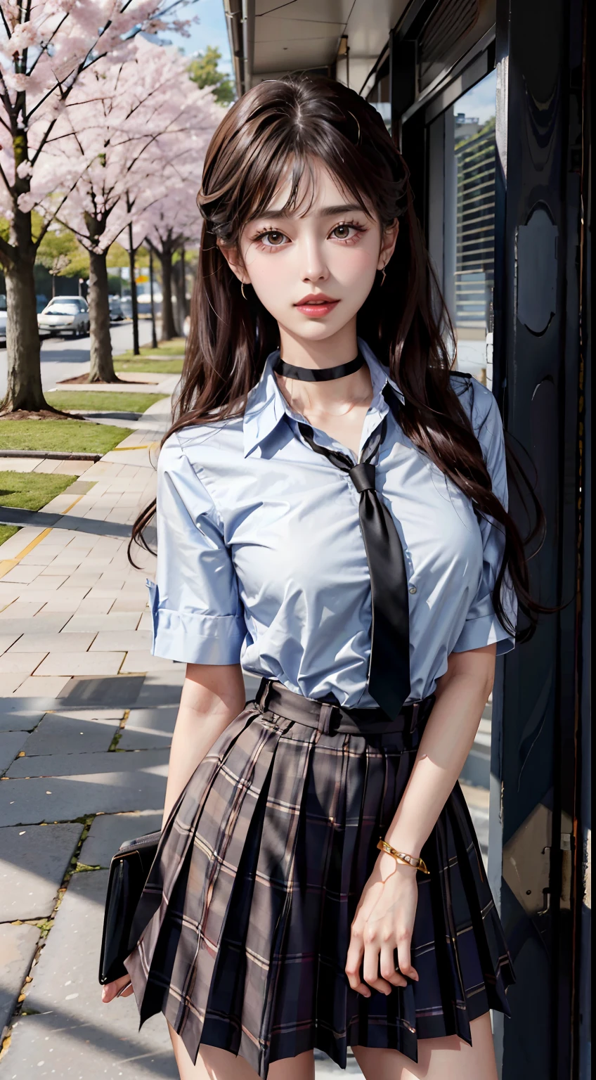 masterpiece, best quality, full body, 1girl, bangs, black choker, black necktie, black hair, blue skirt, blush, bracelet, breasts, choker, clothes around waist, collarbone, collared shirt, cowboy shot, dress shirt, ear piercing, eyebrows visible through hair, gradient hair, grin, gyaru, jewelry, kogal, long hair, looking at viewer, loose necktie, necktie, piercing, plaid, plaid skirt, pleated skirt, red eyes, ring, school uniform, shirt, skirt, smile, solo, white shirt, street, sky, cherry blossoms, petals,illustration, (magazine:1.3), (cover-style:1.3), fashionable, woman, vibrant, outfit, posing, front, colorful, dynamic, background, elements, confident, expression, holding, statement, accessory, majestic, coiled, around, touch, scene, text, cover, bold, attention-grabbing, title, stylish, font, catchy, headline, larger, striking, modern, trendy, focus, fashion,