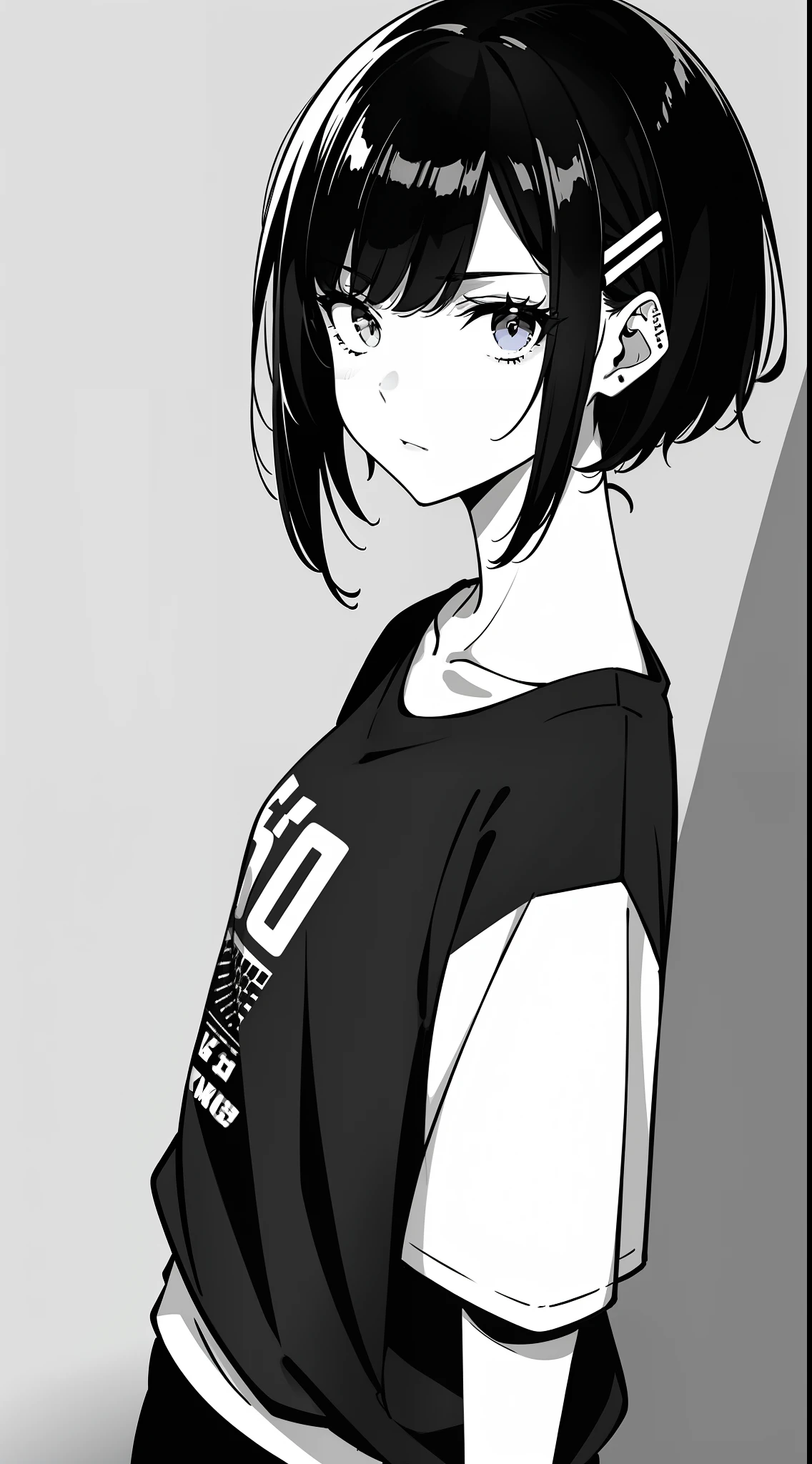 girl, side portrait, black and white, messy short hair, edgy accessories,sporty style, casual t-shirt, confident gaze, monochrome color scheme, looking to the side, chic street fashion, casual hands in pockets pose,head,((a person)),Hairpin