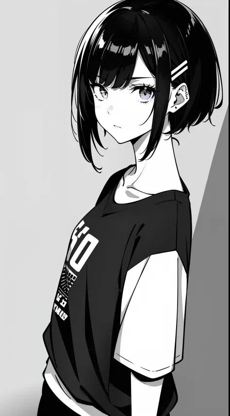 girl, side portrait, black and white, messy short hair, edgy accessories,sporty style, casual t-shirt, confident gaze, monochrom...
