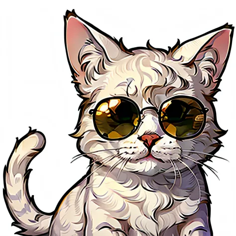 A cute white cat wearing pink sunglasses，On a white background，With a stylish white border，There are sticker decorations。