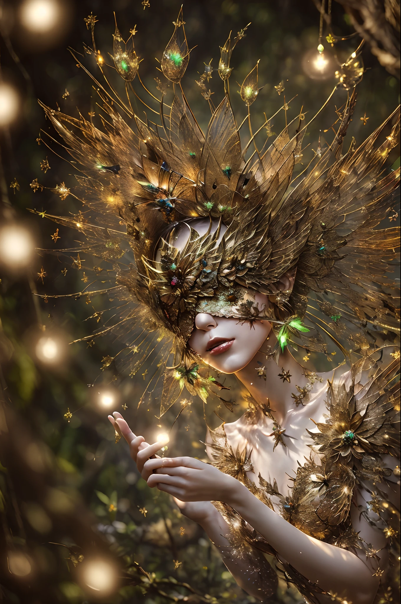 masterpiece, 1fairy, a flying female fairy, perfect face, light, glass tree forest, dramatic lighing,  blindfold, ultra detailed, floating glow lights, depth of field, (shining dust)