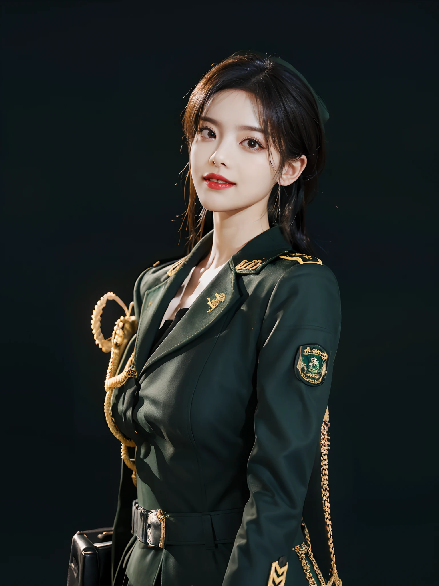 Very detailed CG unity 8K wallpaper，（tmasterpiece），（best qualtiy），（ultra - detailed），（Ultra photo realsisim），（best character detail：1.36），Nikon D750 f / 1.4 55mm，profesional lighting， physically-based renderingt, 1girll, Female soldier，army suit，Dark green military uniform，Fabric texture military uniform，Pure white lining，Dark green tie，bucket-hat，Black hair，the golden ratio,[:(com rosto detalhado:1.2):0.2]:，PureErosFace_V1, broad shoulder,(Bigchest:1.5),red flags，In the square，Splendid scenery，bright sun，RAW photogr，photore，（Face front，closeup portrait），Place your hands on your chest， Flag of China，Night Street，lighting，Contre-Jour，Bright smile，White teeth，