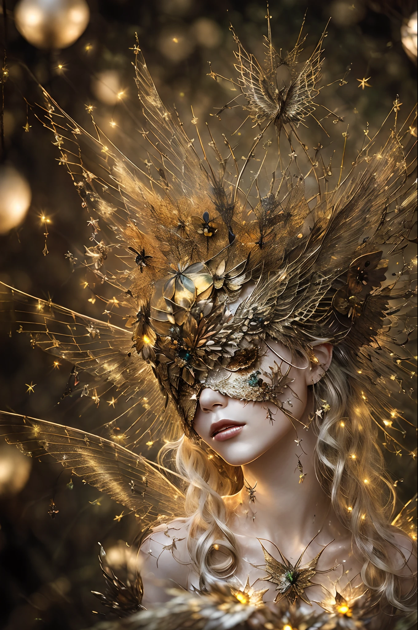 masterpiece, 1fairy, a flying female fairy, perfect face, light, glass tree forest, dramatic lighing,  blindfold, ultra detailed, floating glow lights, depth of field, (shining dust)