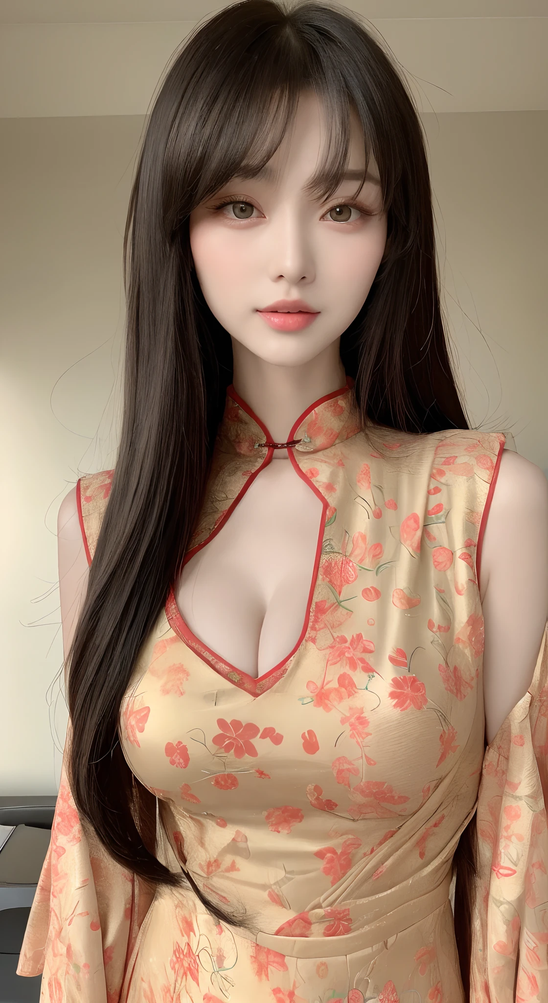 perfect figure beautiful woman：1.4，Layered Hair Style，Protruding cleavage：1.2，on cheongsam：1.5，Highly Detailed Face and Skin Textur，Narrow eyes，二重まぶた，Whitens the skin，long whitr hair