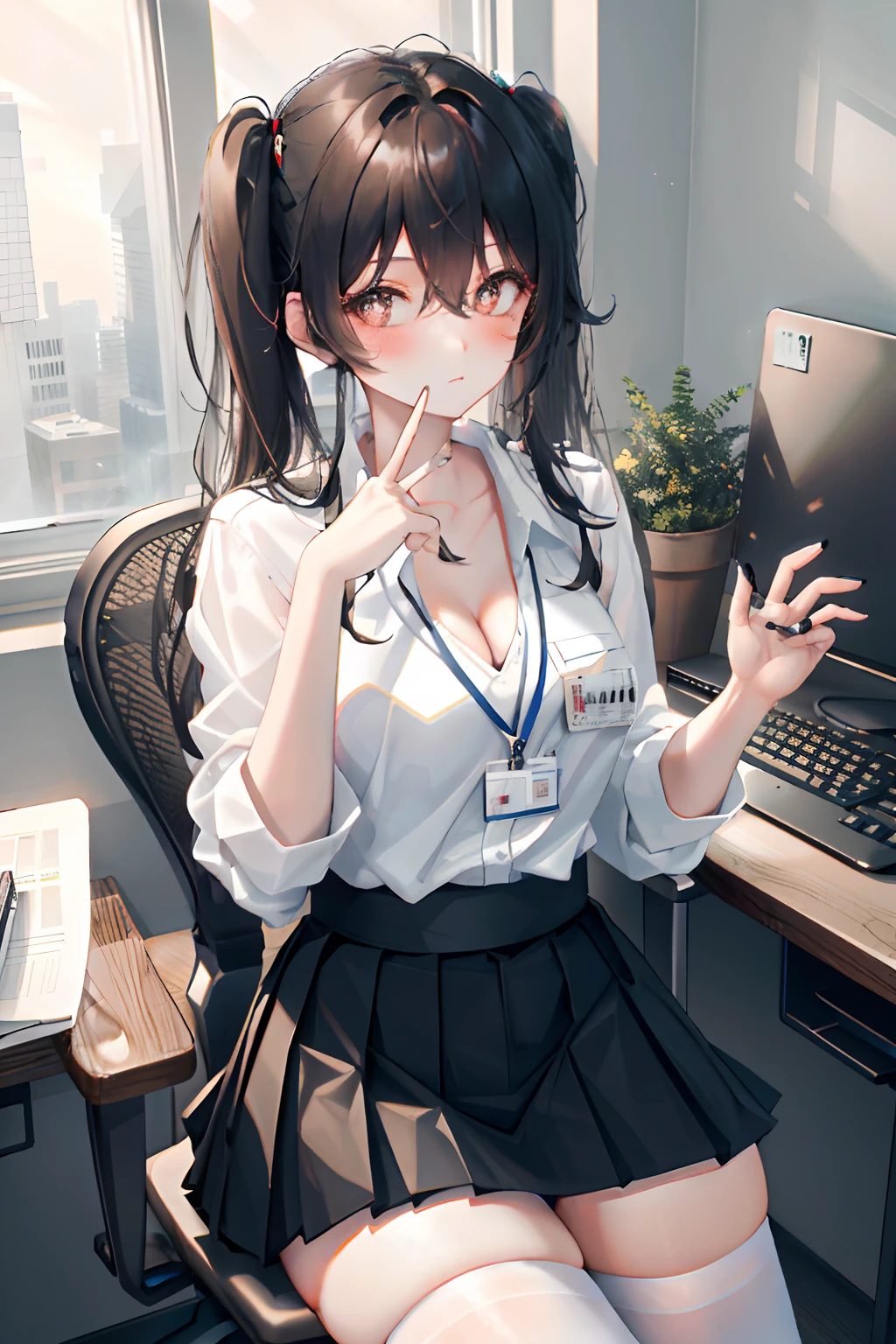 Hu Tao, 1girl, solo, ((white shirt)), black thighhighs, breasts, cleavage, uniform, office background, black skirt, pleated skirt, office, hair between eyes, brown eyes, flower pupils, medium breasts, long hair, looking at viewer, Black hair, brown short nails, solo, thighhighs, thighs, very long hair, ((masterpiece)), sitting, chair, desk, computer on desk, name tag, id tag, indoor, blush, sexy pose, ((long twintail)),