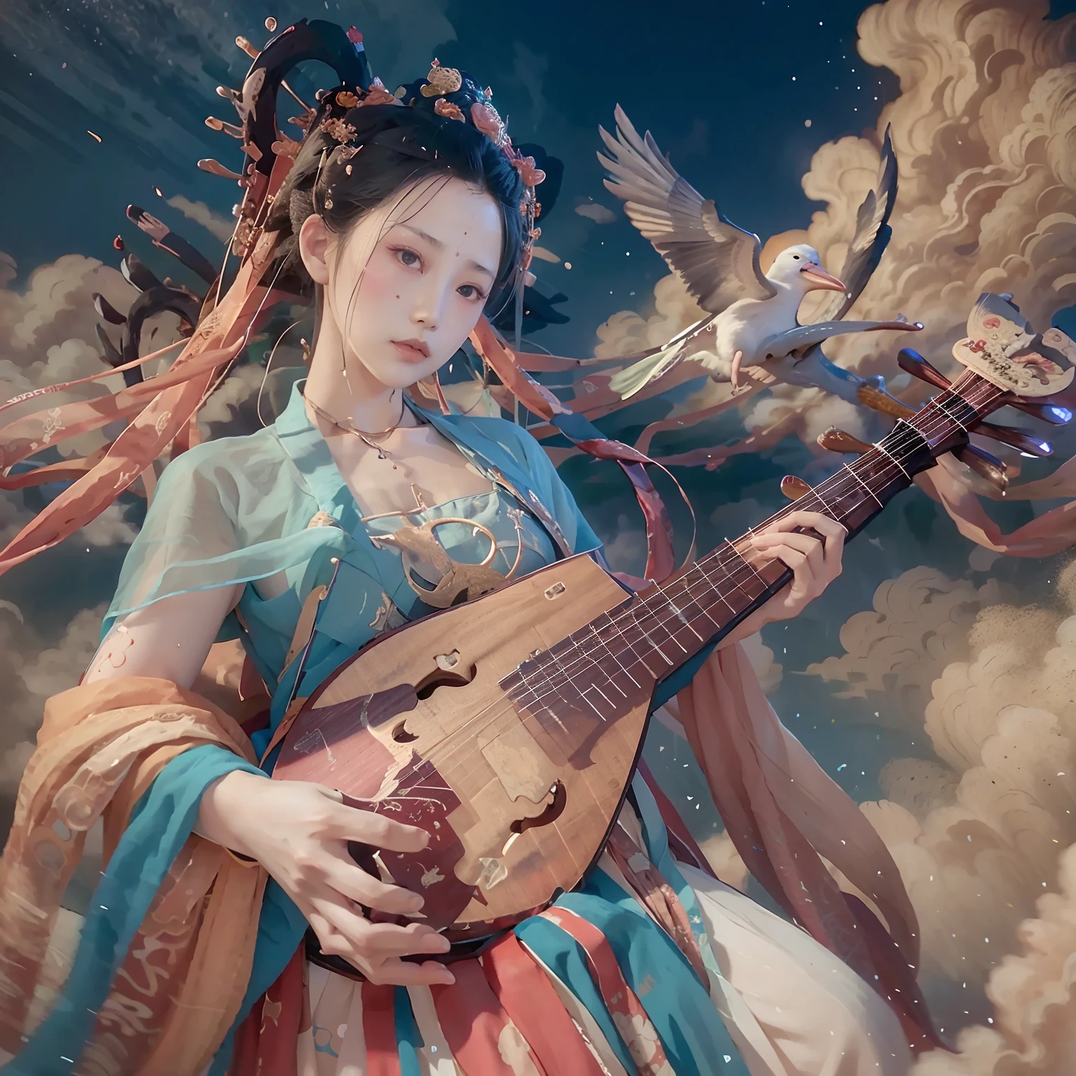 (8K, RAW photo, Best quality, tmasterpiece:1.2), (Realistic, photo-realistic:1.4), (Extremely detailed CG unified 8K wallpapers), （Play a beautiful lute），1 girl solo, Dance, dunhuang_dress, dunhuang_Style, dunhuang_Background,Flight flyers arrive，Wearing a royal blue robe，It's like dancing in the clouds， Surrounded by a sea of clouds and birds，It's a fantastic wonderland，Clouds are meticulously outlined in the frescoes，Layer by layer，It was as if there were clouds fluttering；And those birds，Soar above the sea of clouds，Looks natural，Very energetic
