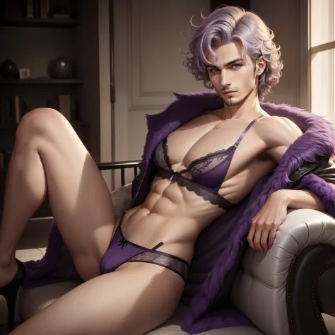 "A shapeshifter with curly PurpleGrey hair, Dove Grey eyes, and stubble, dressed in seductive lingerie." (MALE)