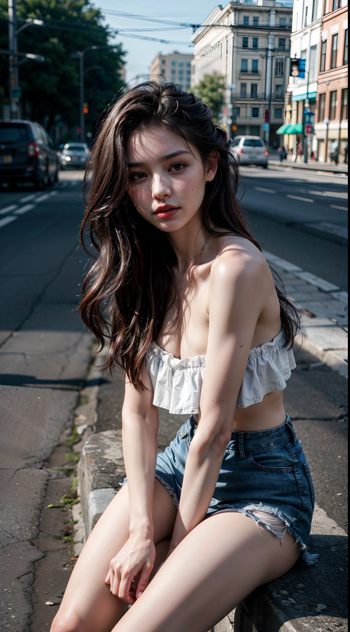 (1girl), russian, solo, long_hair, wearing(denim-strapless-shirt, white-miniskirt), photo(medium-shot), portrait, sitting, pov, blurry_background, background(night, urban, footpath), (photorealistic, absurdres, best_quality:1.55),