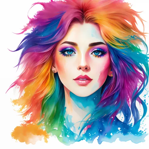 Close-up of a woman with colorful hair and bright makeup,  number art, painted in bright water colors, proud expression, Anime beauty， Extremely colorful, Colorful illustrations, lion, half lion, , multicolored tshirt art，aquarelle，Delicate watercolor