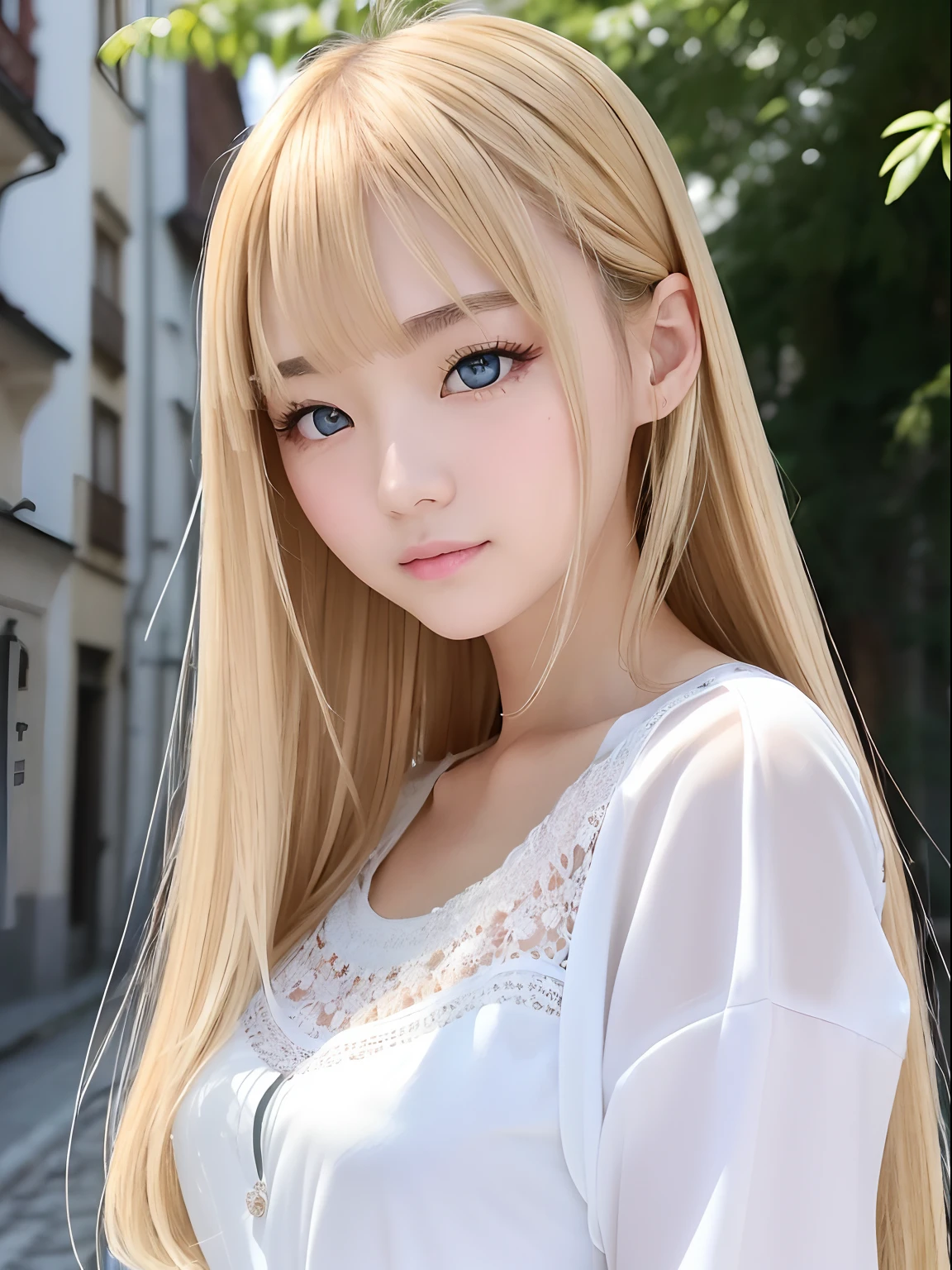 Light smile、natta、Raw photography、(((Portrait of extreme beauty)))、((glistning skin))、女の子1人、19-year-old beautiful girl in Prague、bright expression、((Natura blonde hair))、[Big blue eyes that shine like jewels]、Glossy glossy skin、Silky long straight hair、eye liner、Beautiful bangs、Hair between the eyes、((​masterpiece、top-quality、ultra-detailliert、Film Light、intricate-detail、hight resolution、ighly detailed))、细致背景、8KUHD、Digital SLR、Soft light、hightquality、Film grain、FujifilmXT3 、Shallow depth of field、natural soft light、（No hands）、Kamimei、Lush bust