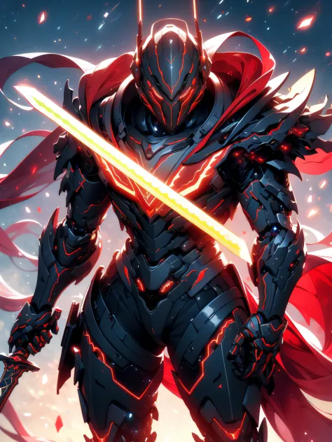 masterpiece, best quality, realistic,shiny,reflective,bioluminic, galactic cybernetic mask,galactic red-green mecha,(assassin:1.2), Robotic Knight, killing warrior pose, headdress,holding glowing red long sword,Galaxy,GlowingRunes_red,fullbody,cinemnatic,d...