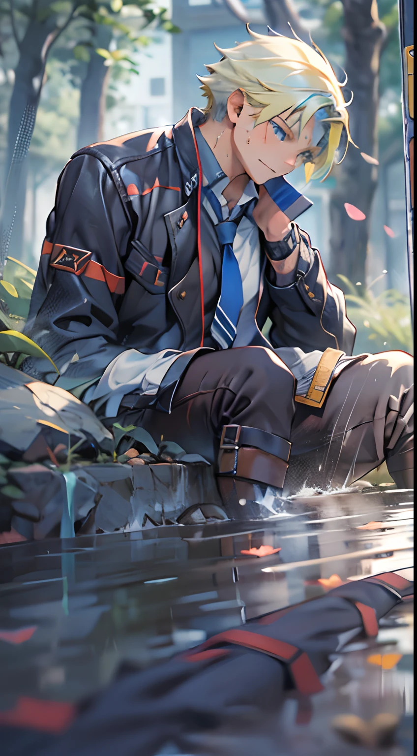 Anime character sitting on a rock in a forest with a blue tie - SeaArt AI