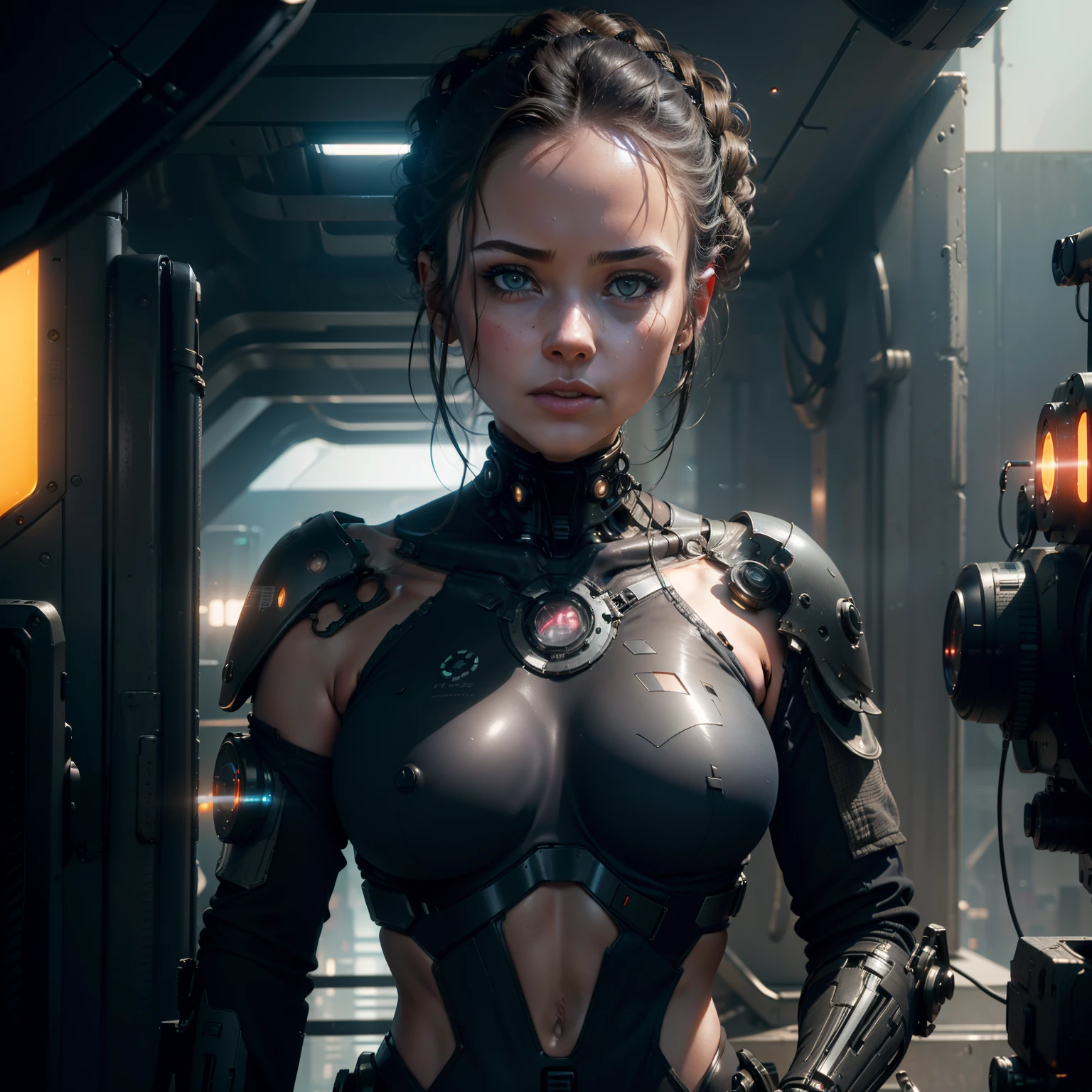 Dystopian, [sci-fi], High Detail RAW color Photo, Full Shot, of (cute female arterial intelligence, cybernetic enhancements), indoors, standing, (inside cryogenic chamber, in advanced cyberpunk research facility), toned physique, (small perky breasts, normal ), large ass, (pale skin), (cybernetic implants:1.2), (augmentations), (cyborg:1.1), (detailed skin, diffused skin pores), silicone, metal, (highly detailed, fine details, intricate), (lens flare:0.4), (bloom:0.4), diffused soft lighting, raytracing, shallow depth of field, (Oliver Wetter), photographed on a Canon EOS 5D, 90mm micro lens, f/8, sharp focus, smooth, cinematic film still from Blade Runner 2049, [Cyberpunk:Dieselpunk:0.25]