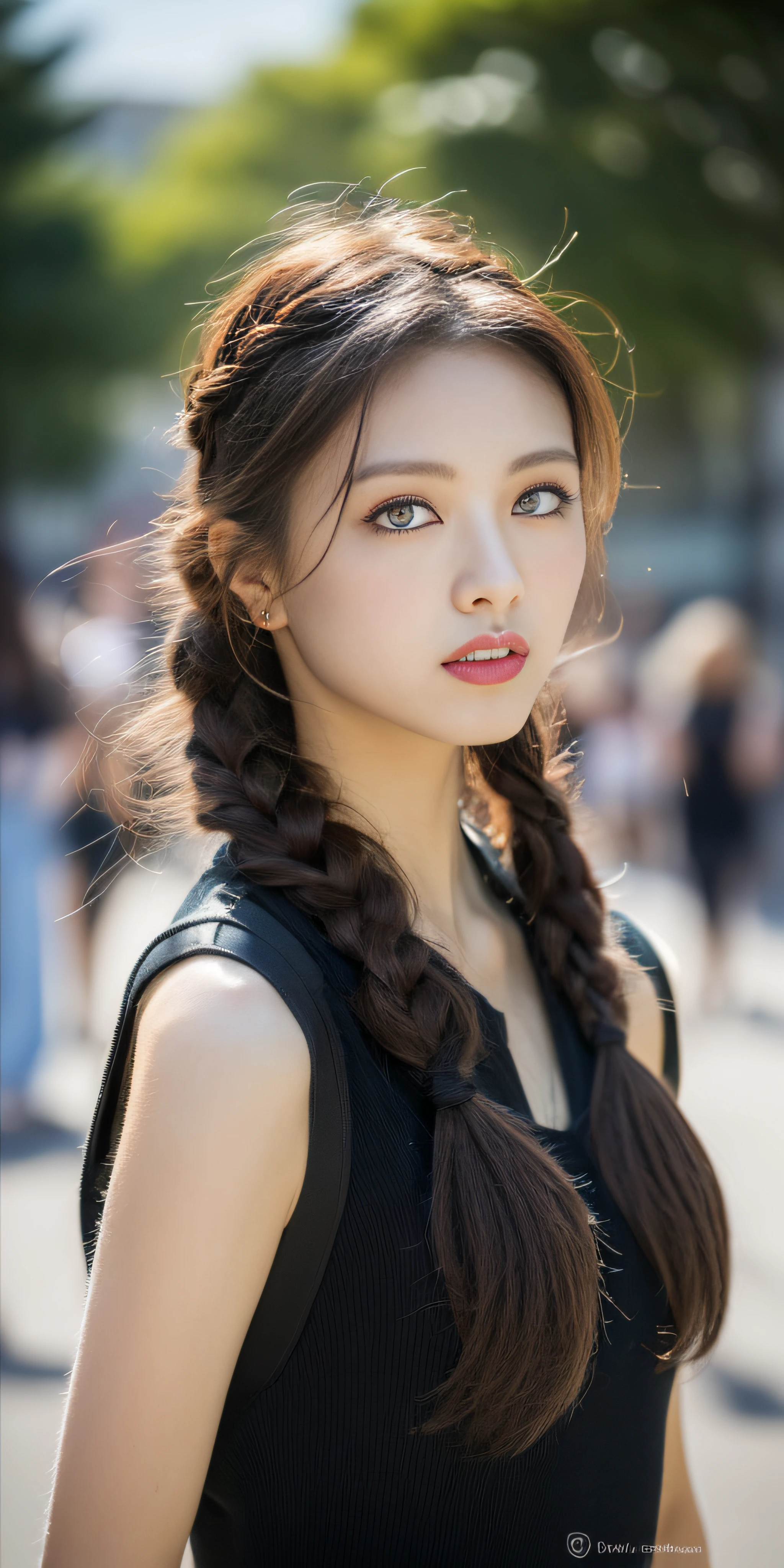 ((Top Quality, 8k, Masterpiece: 1.3)), Sharp Focus: 1.2, Beautiful Women in Perfect Style: 1.4, Slender Abs: 1.2, Braids, ((Dark Brown Hair, Big: 1.2)), (Natural Light, City Street: 1.1), Highly Detailed Face and Skin Texture, Detailed Eyes, Double Eyelids